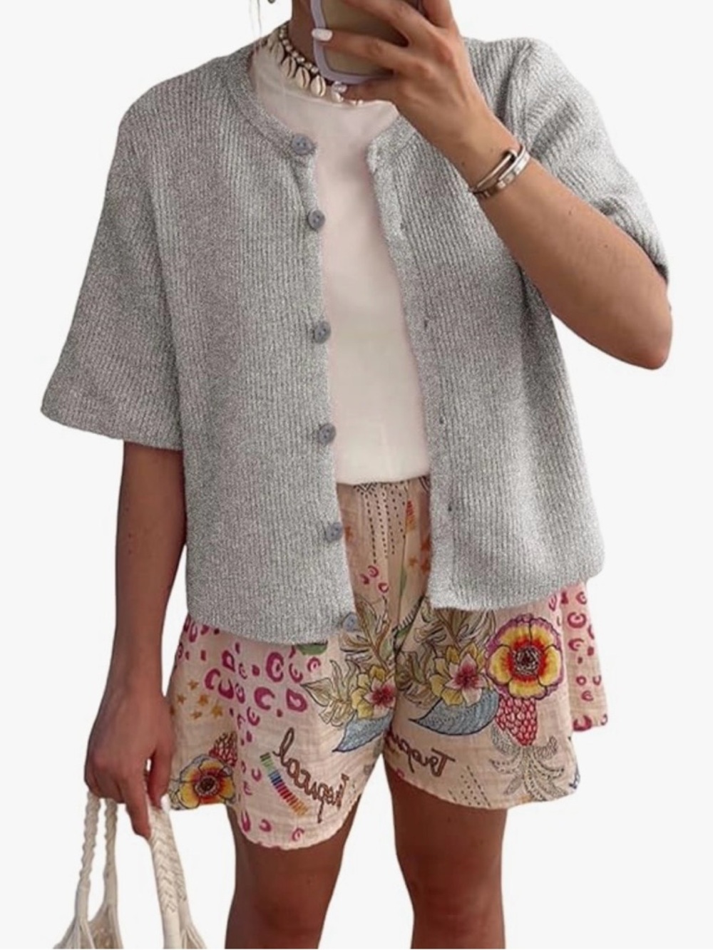 Light Gray Short Sleeve Button Cardigan Sweater